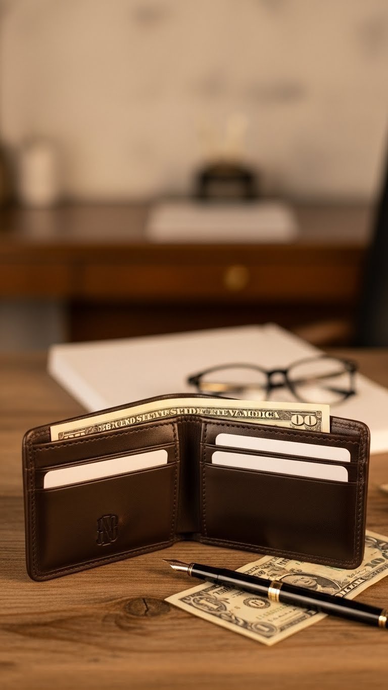 Elegant brown leather wallet open to reveal card slots with embossed monogram on rustic wooden surface