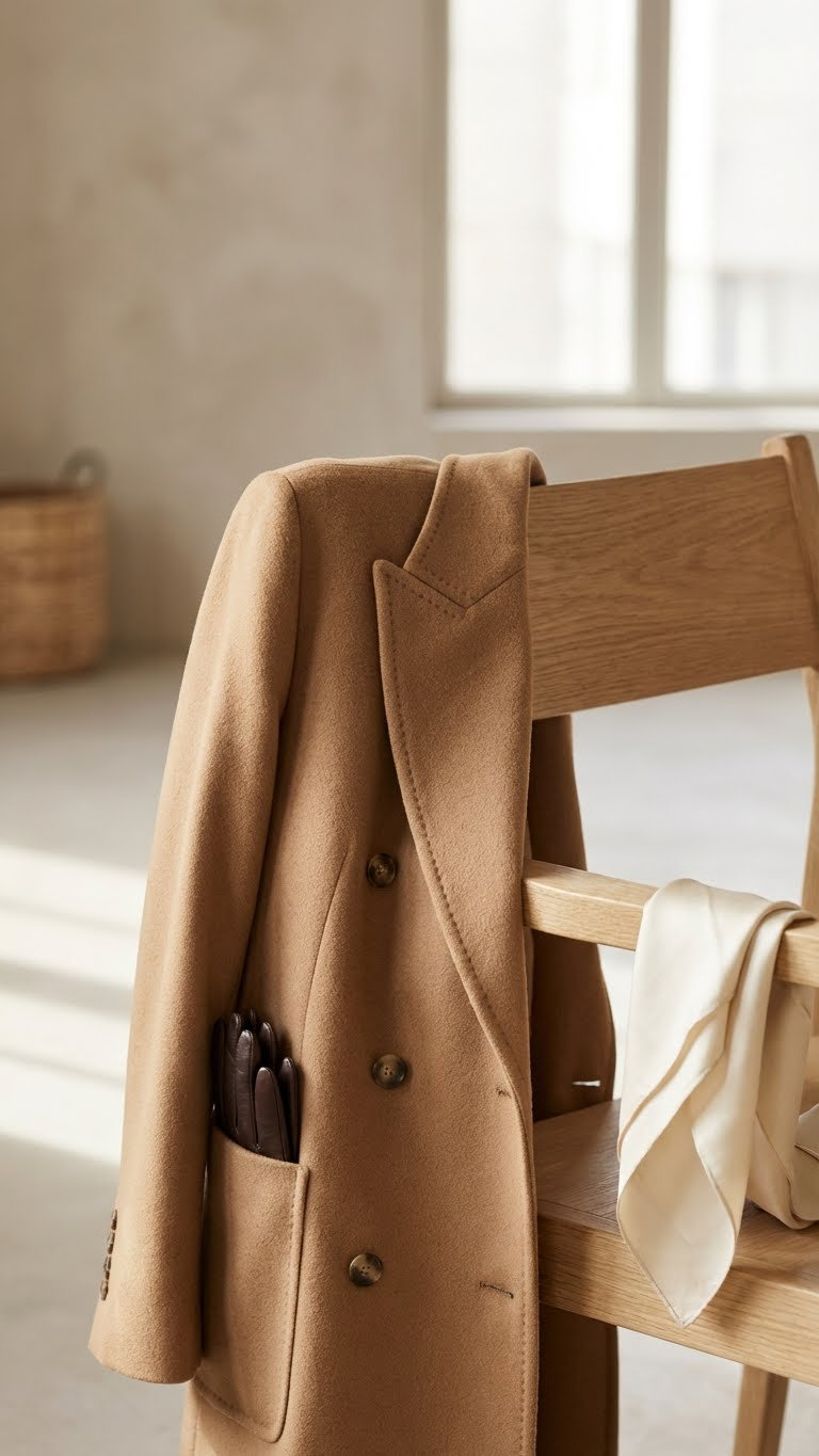 Elegant camel wool coat, impeccably tailored with luxurious texture and clean lines, draped for sophisticated winter fashion.