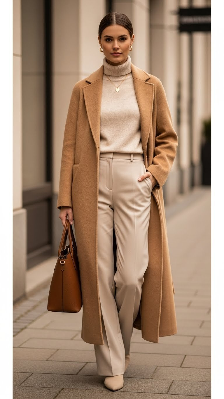 Elegant camel wool maxi coat, monochromatic outfit with turtleneck & trousers, urban sidewalk. Leather tote bag, gold jewelry.
