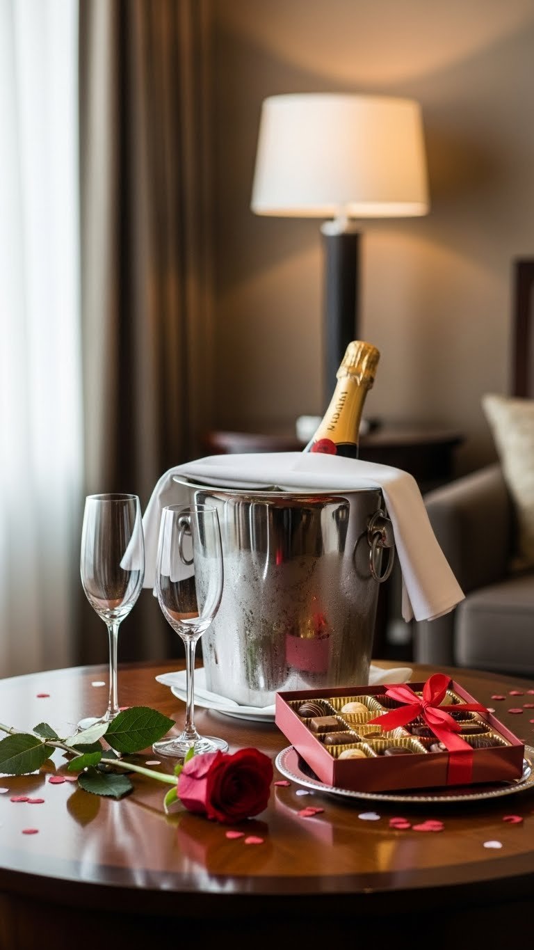 Elegant champagne setup with chilled premium bottle in ice bucket and crystal flutes on polished wooden table