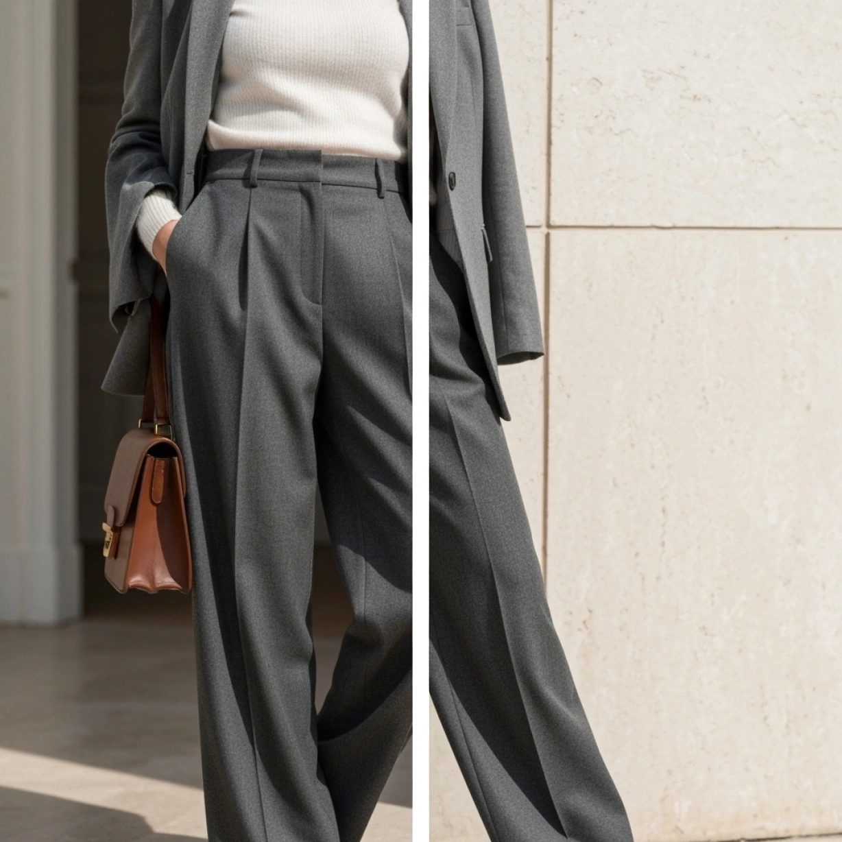 Elegant charcoal wide-leg wool trousers, cream cashmere turtleneck, tailored blazer for professional winter church outfit.