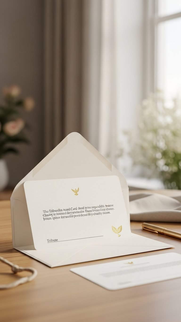 Elegant charitable donation card with gold foil detail nestled in envelope on clean wooden surface with soft lighting.