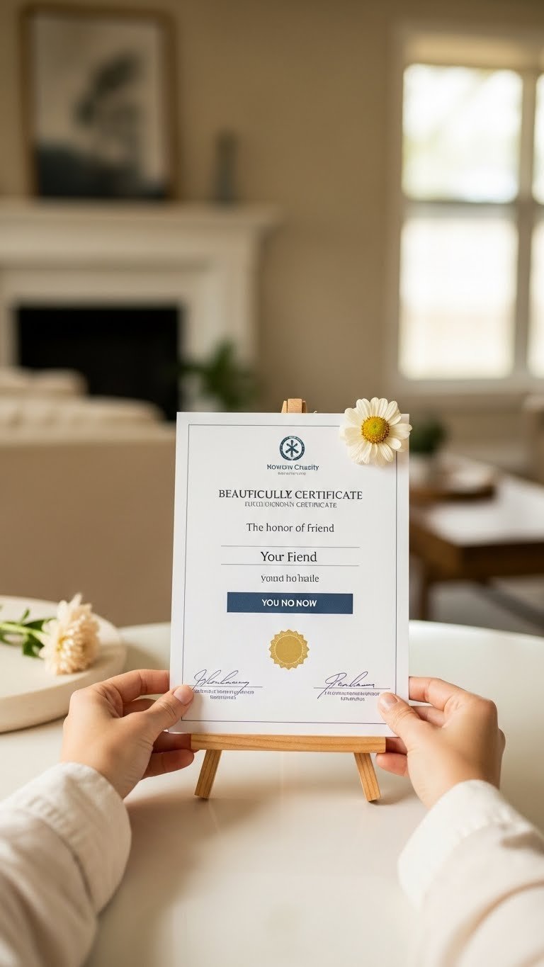 Elegant charity donation certificate displayed on wooden easel with fresh flower in tasteful home interior