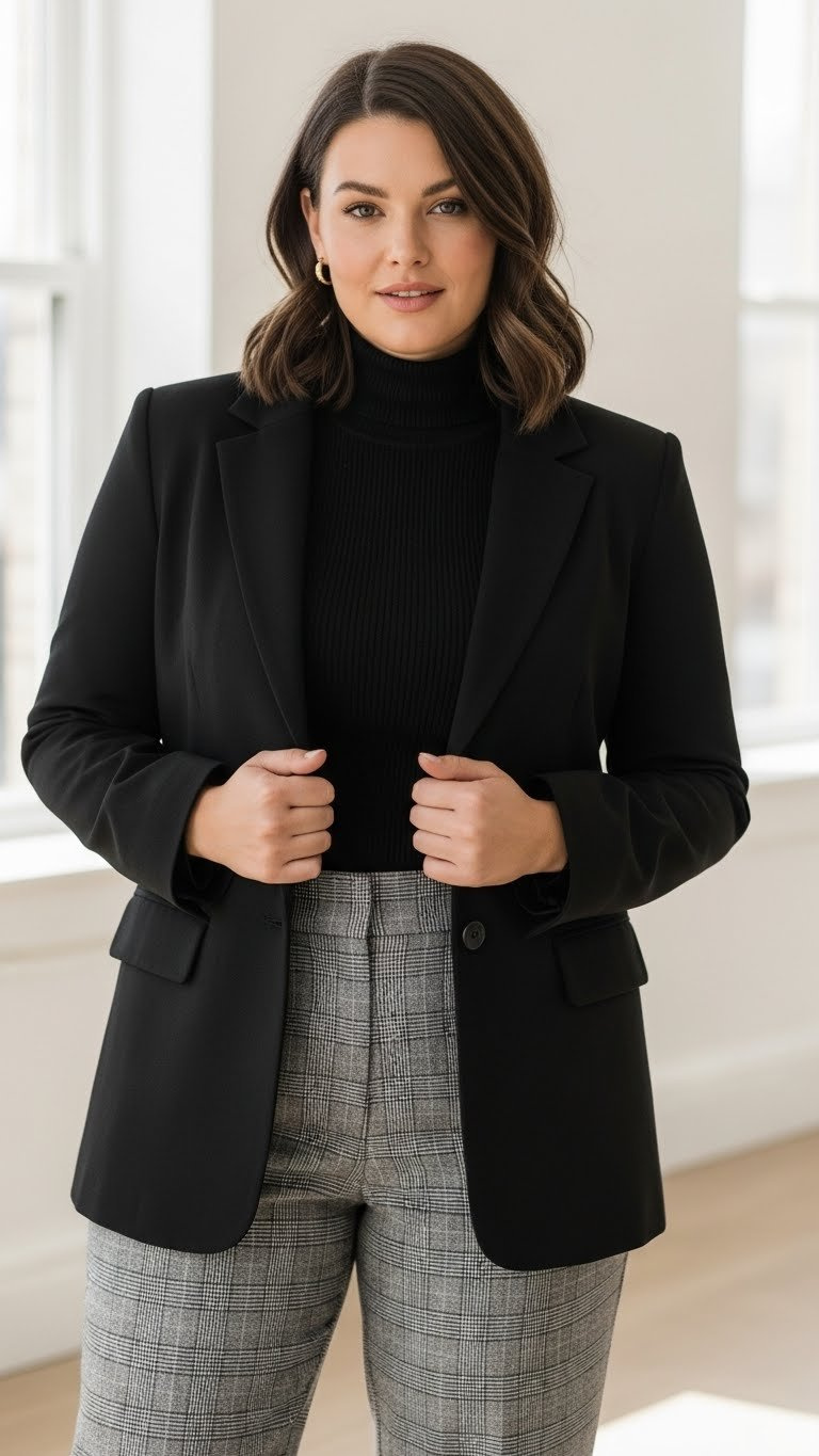 Elegant curvy woman in a structured black blazer, turtleneck, and grey flannel trousers in a professional office setting.