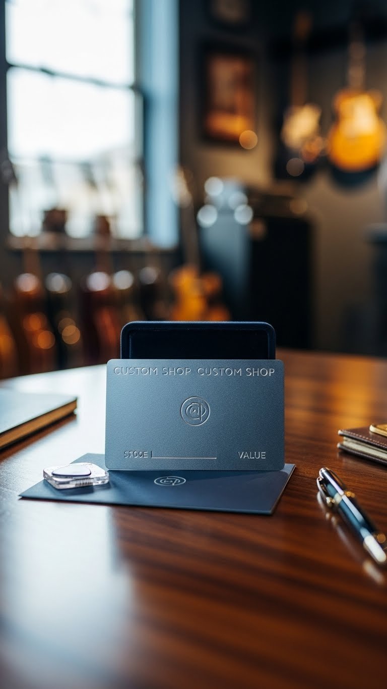 Elegant custom shop gift card in velvet box on polished wood table with premium guitar pick and pen accessories.