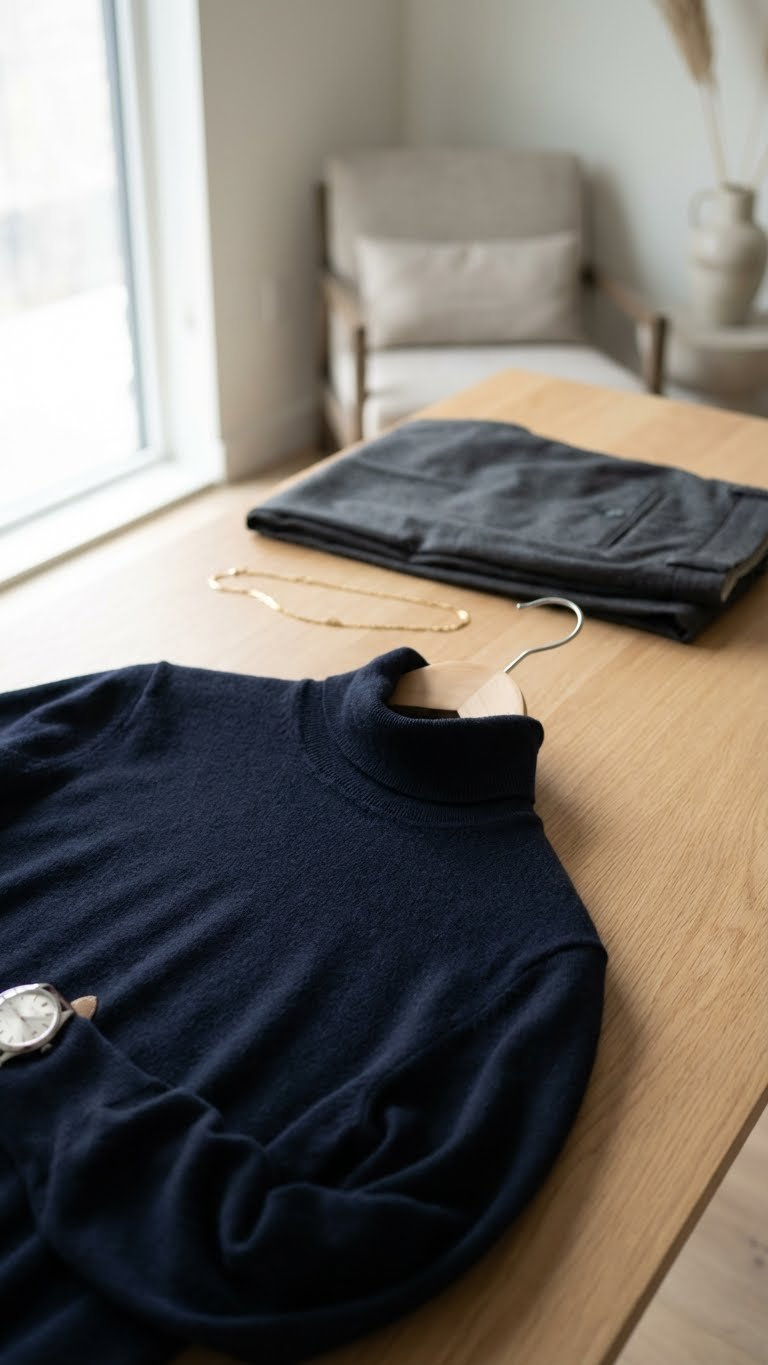 Elegant dark navy fine knit turtleneck, showcasing smooth texture and elegant roll neck, draped for sophisticated fashion.