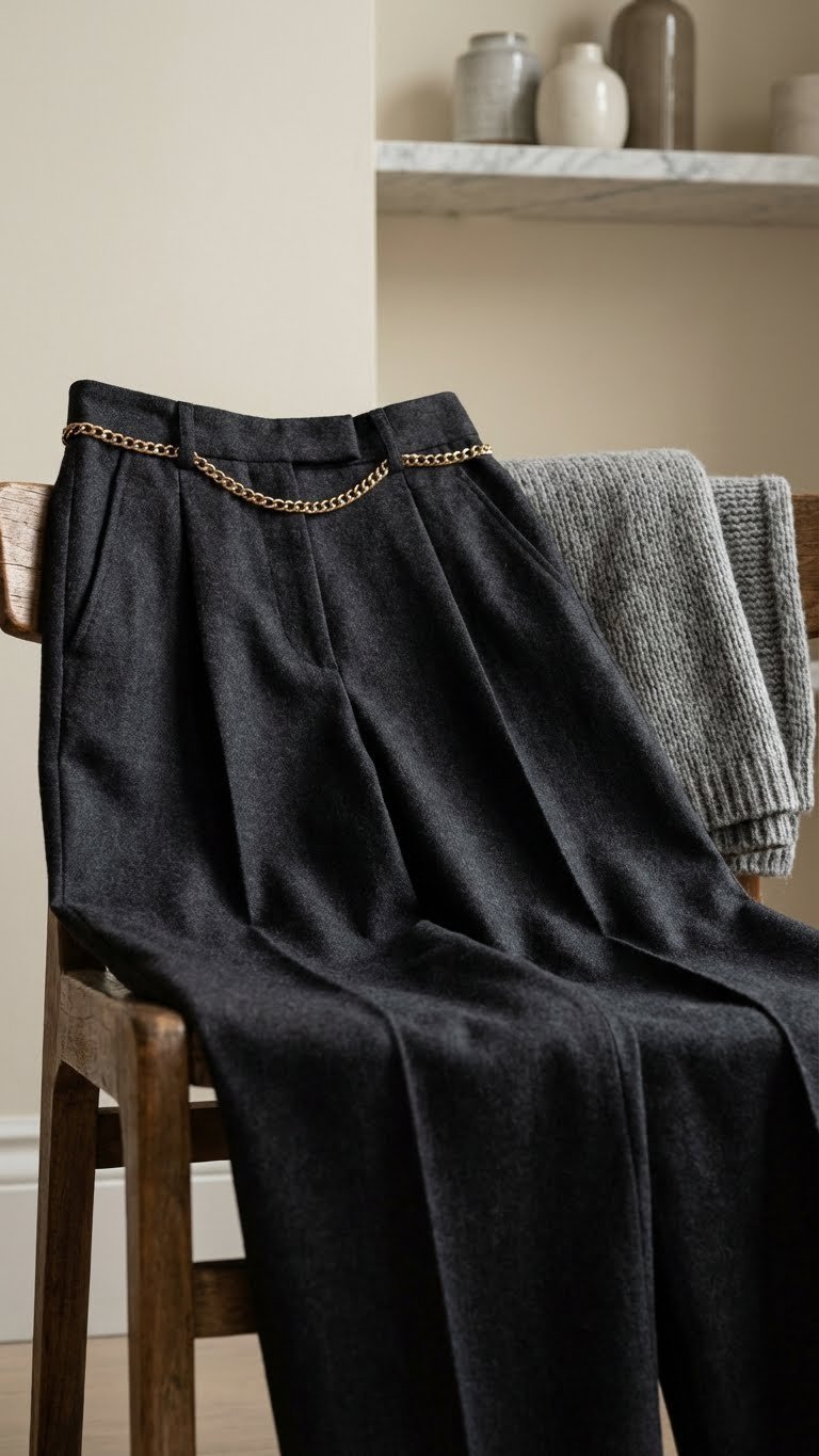Elegant dark tailored wide-leg trousers draped, showcasing quality tailoring, structured fabric, and pleating for winter.