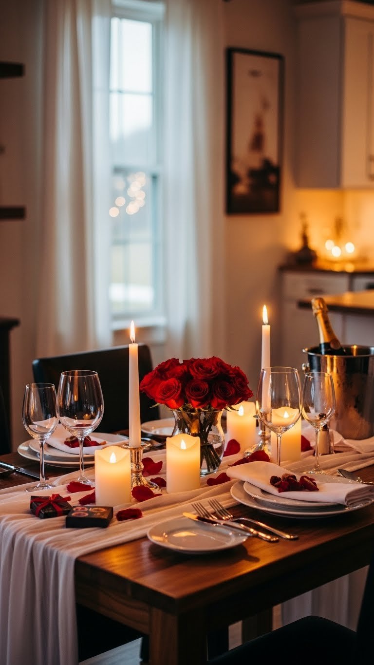 Elegant dining table for two with fine dinnerware, floral centerpiece, and romantic dinner setup lighting