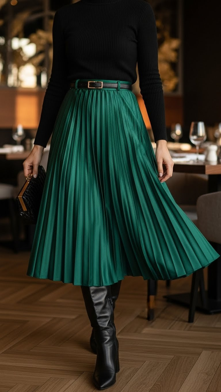 Elegant emerald green pleated midi skirt, black knee-high boots, and turtleneck with a gold belt in restaurant.