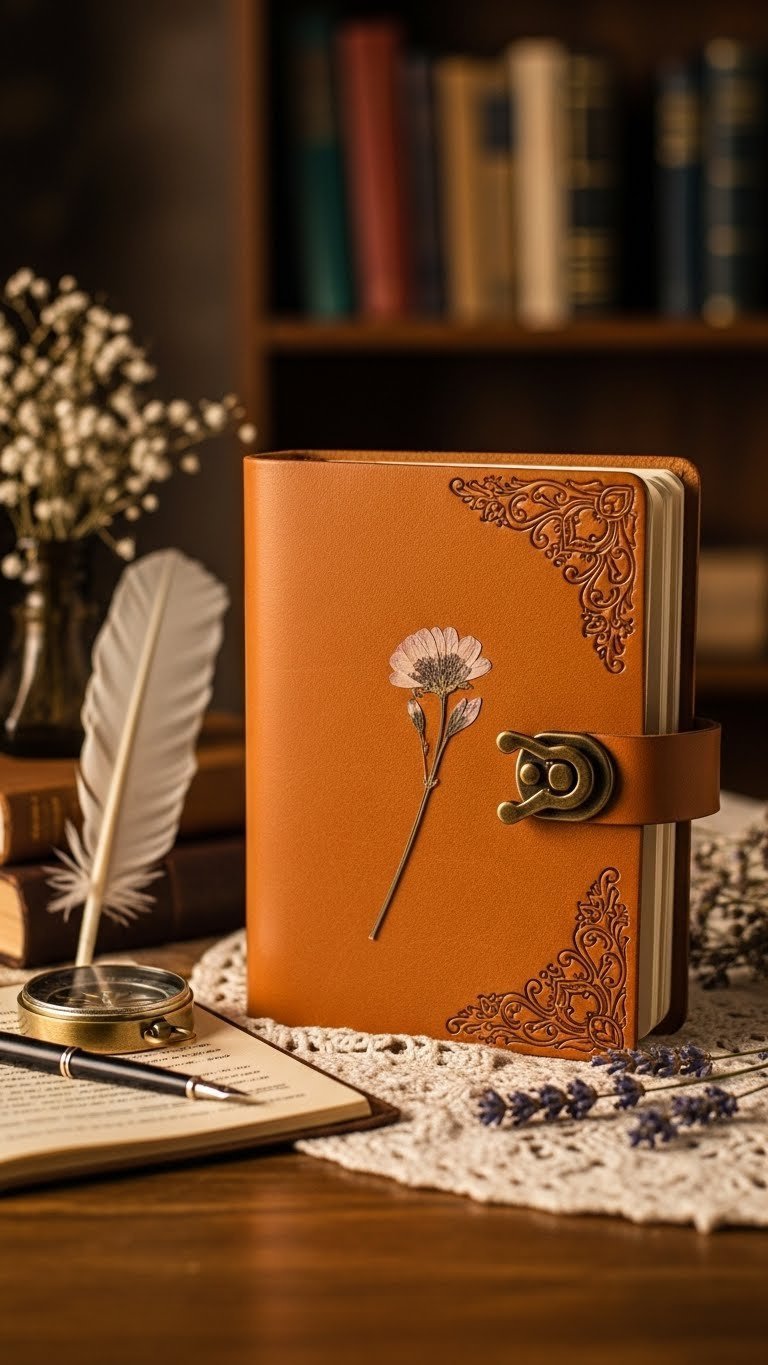 Elegant engraved leather-bound journal open to reveal pressed dried flower on rustic wooden table with vintage accessories