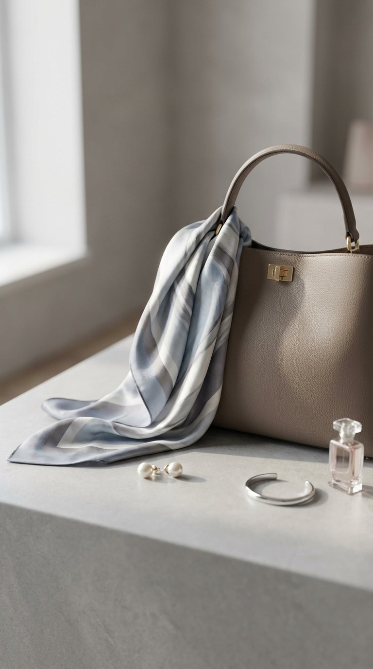 Elegant fashion accessories including leather handbag, silk scarf, and pearl earrings on stone surface