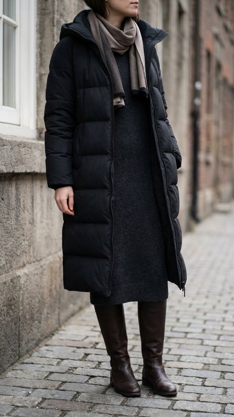 Elegant figure in long matte black puffer coat, knit dress, leather riding boots, cashmere scarf, urban winter fashion.