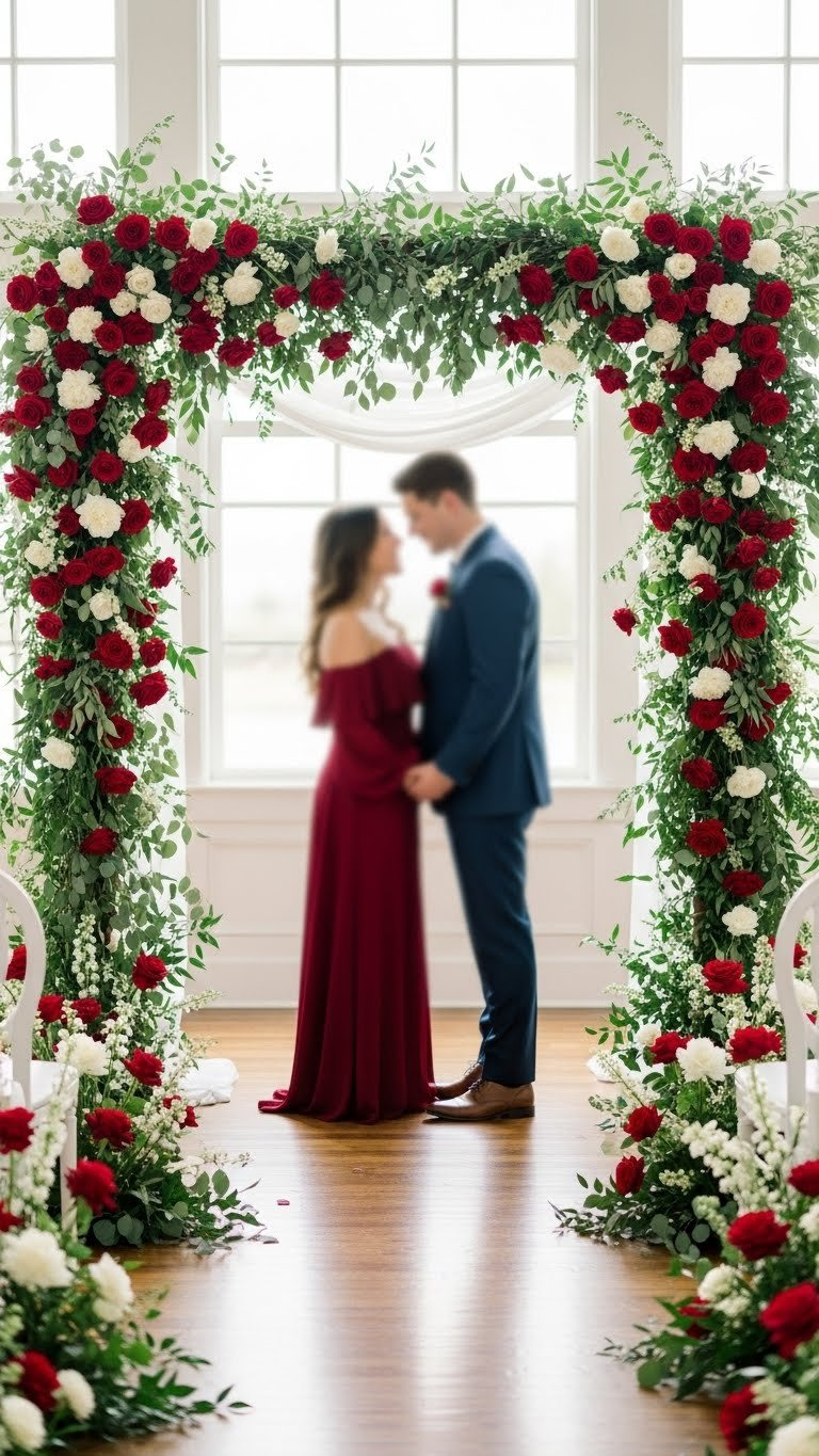 Elegant floral arch backdrop with red roses, white peonies, and eucalyptus greenery for romantic Valentine's Day photo session