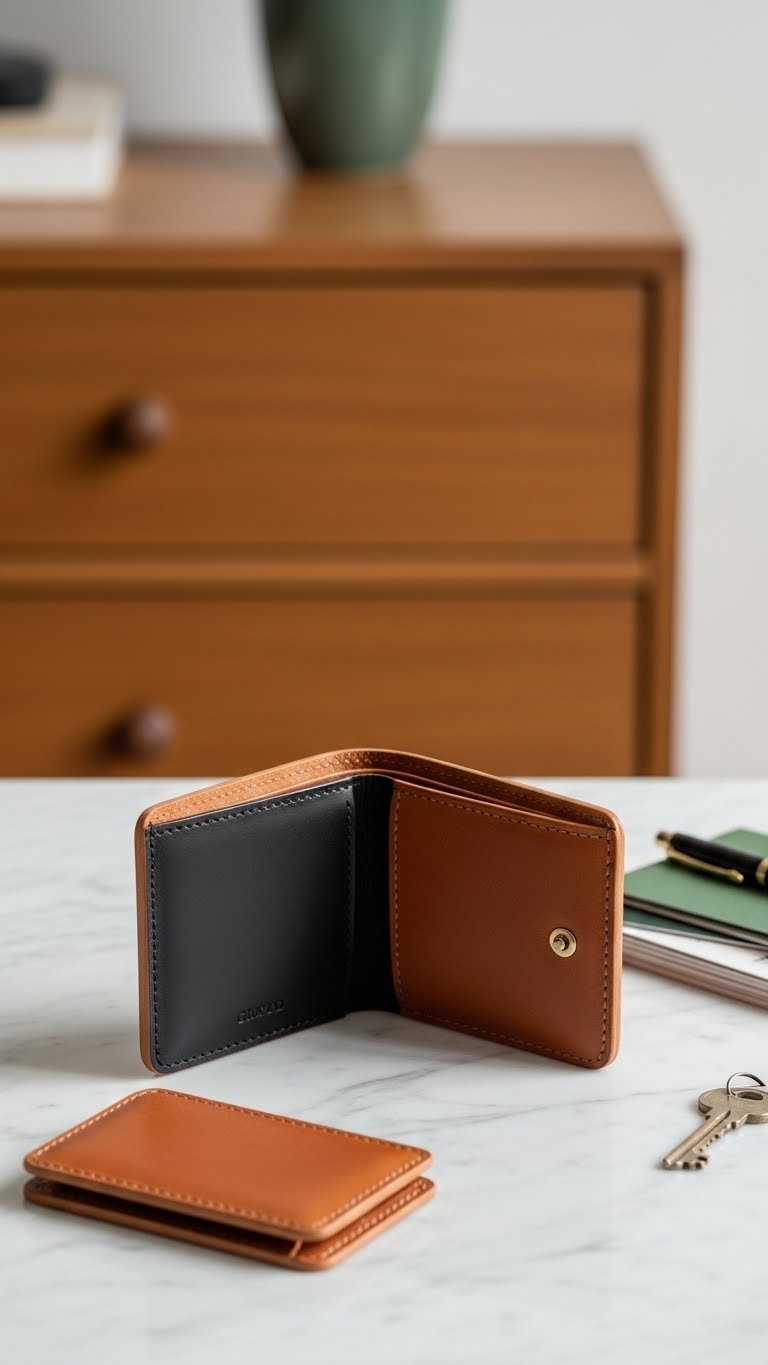 Elegant full-grain leather wallet with visible stitching details open on textured marble surface showcasing craftsmanship.