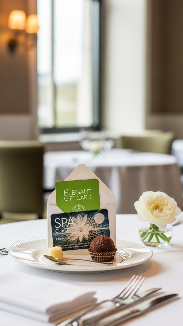 Elegant gift card for relaxation or dining displayed with luxury items on pristine white linen tablecloth