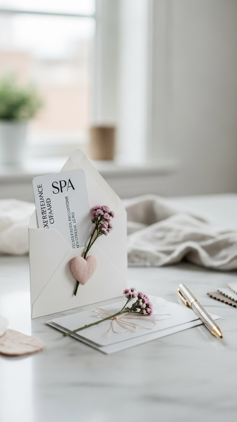 Elegant gift card for teacher in decorative envelope with Valentine's Day accent on smooth marble surface.