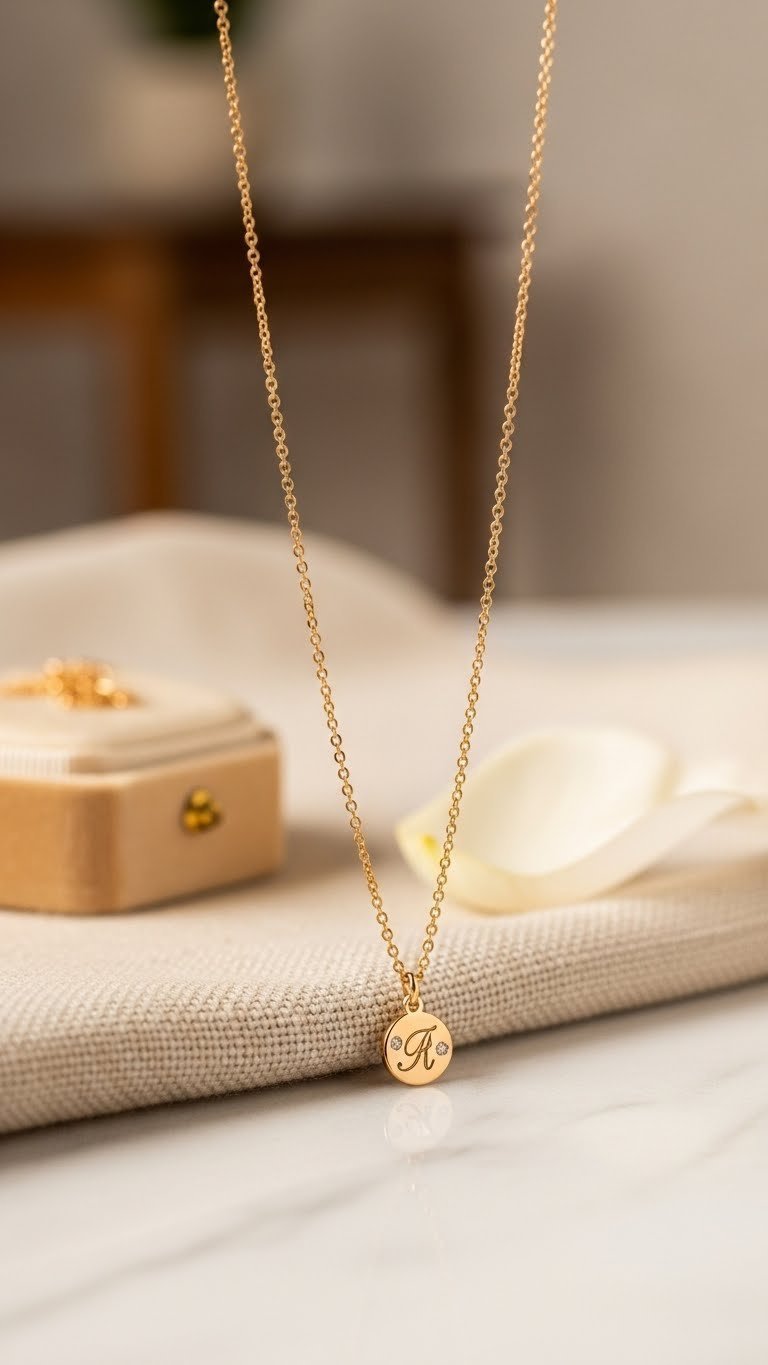 Elegant gold necklace with engraved initial pendant resting on linen cloth against marble background in soft natural light.