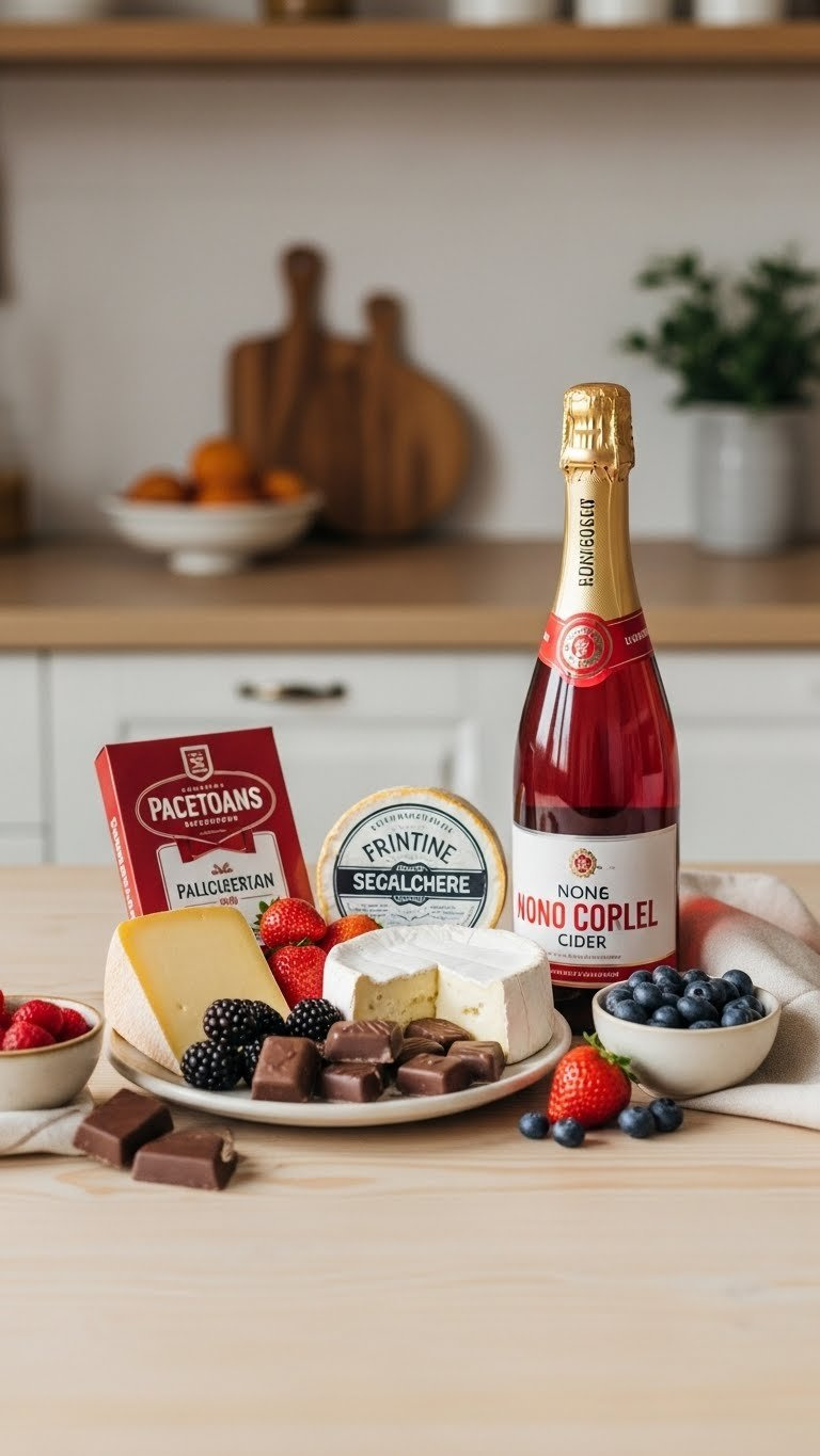 Elegant gourmet basket overflowing with artisan cheeses, fine chocolates, and sparkling cider on wooden table