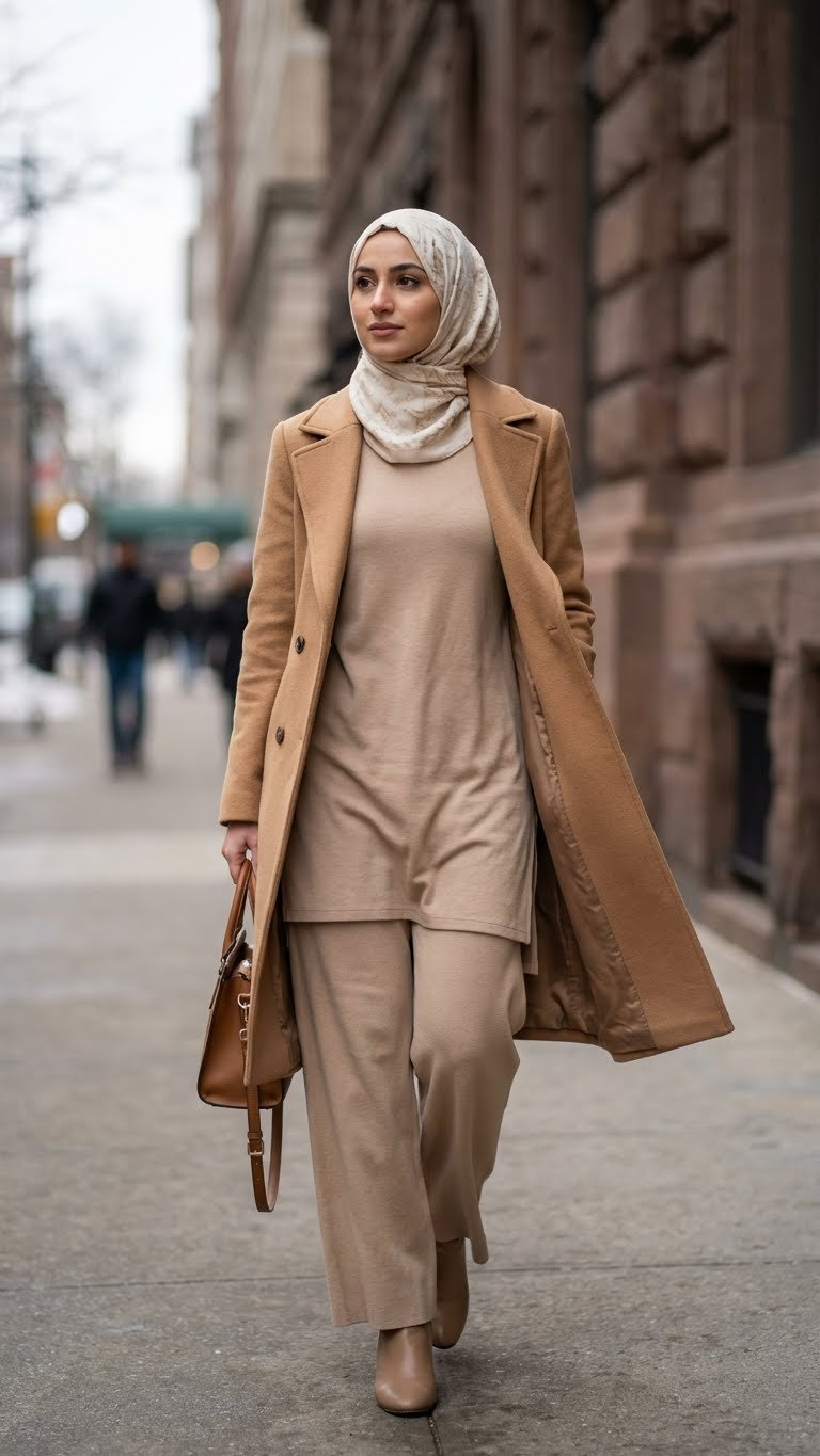Elegant hijabi woman in a neutral wool coat and modest layered outfit walks confidently in a city street, showcasing chic winter style.