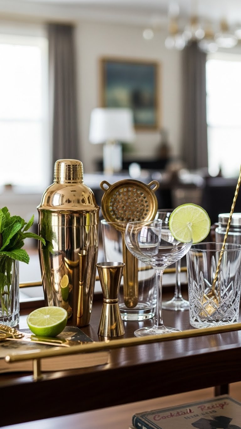 Elegant home bar setup featuring polished brass cocktail shaker, jigger, and crystal glasses arranged on dark wooden bar cart.