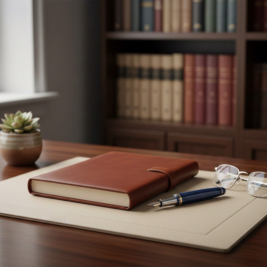 Elegant leather journal and engraved fountain pen on polished dark wood desk with soft natural lighting and bookshelf background