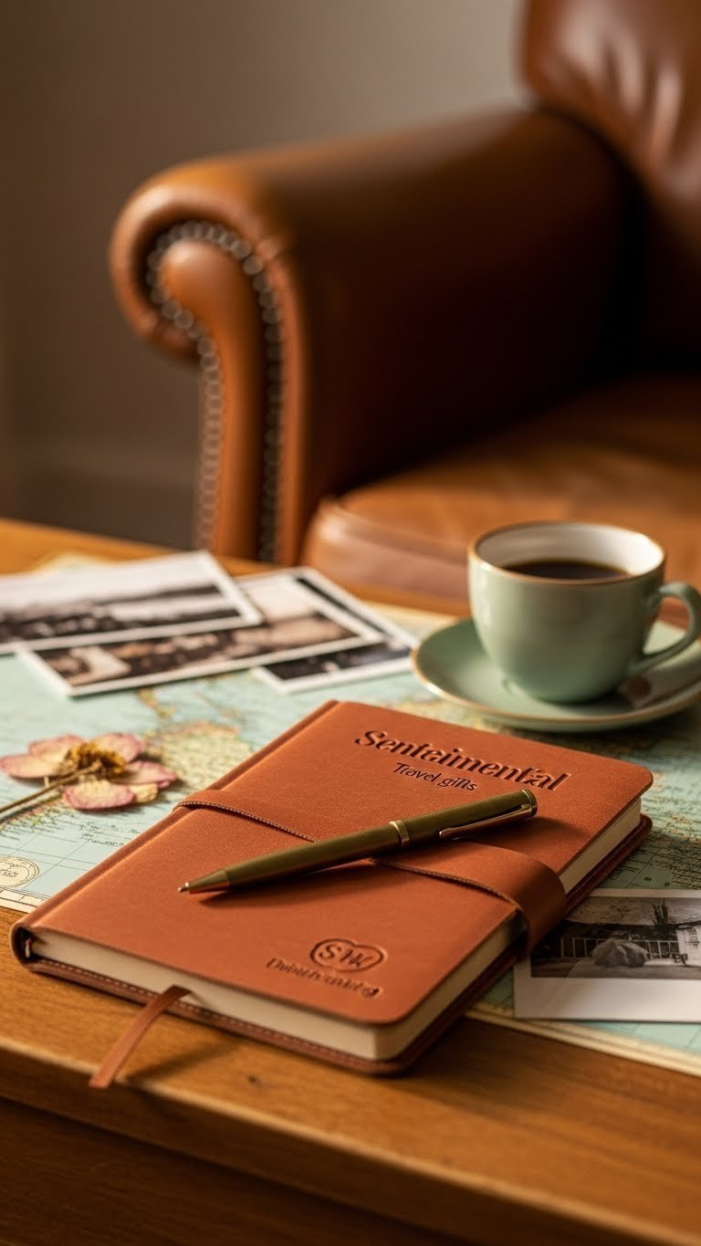 Elegant leather travel journal open with vintage pen on rustic wooden table for documenting adventures