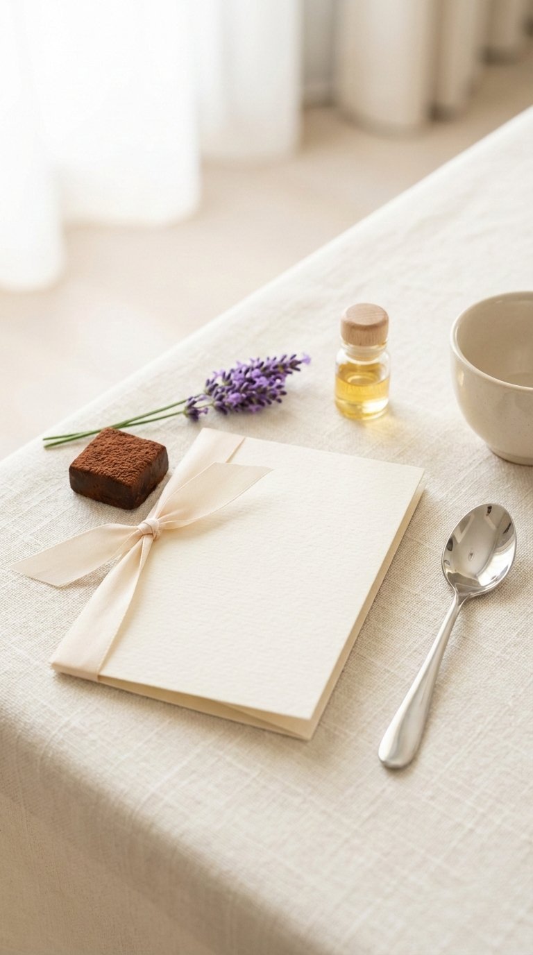 Elegant luxury experience voucher with spa items arranged on textured linen tablecloth in soft daylight