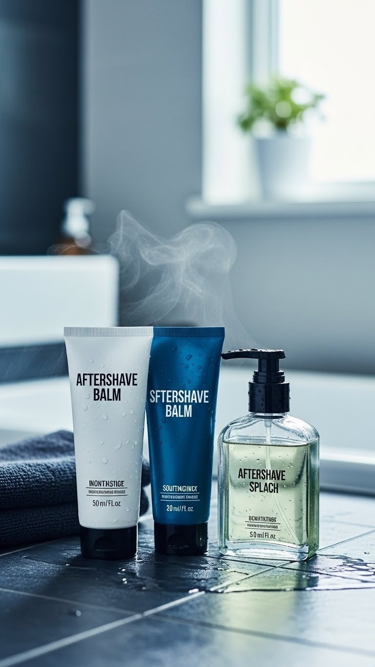 Elegant men's aftershave products including balm bottle and lotion tube on dark slate tile surface