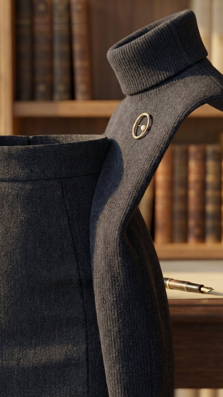 Elegant monochromatic deep navy wool pencil skirt, fitted turtleneck sweater, and a delicate gold brooch for professional wear.