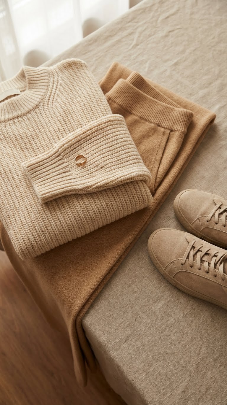 Elegant monochromatic ivory knit outfit: sweater, wide-leg trousers, low-profile minimalist winter sneakers, on linen surface.