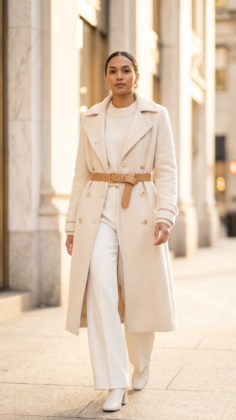 Elegant monochromatic winter fashion: cream wool trench, wide-leg trousers, cashmere sweater, gold earrings.