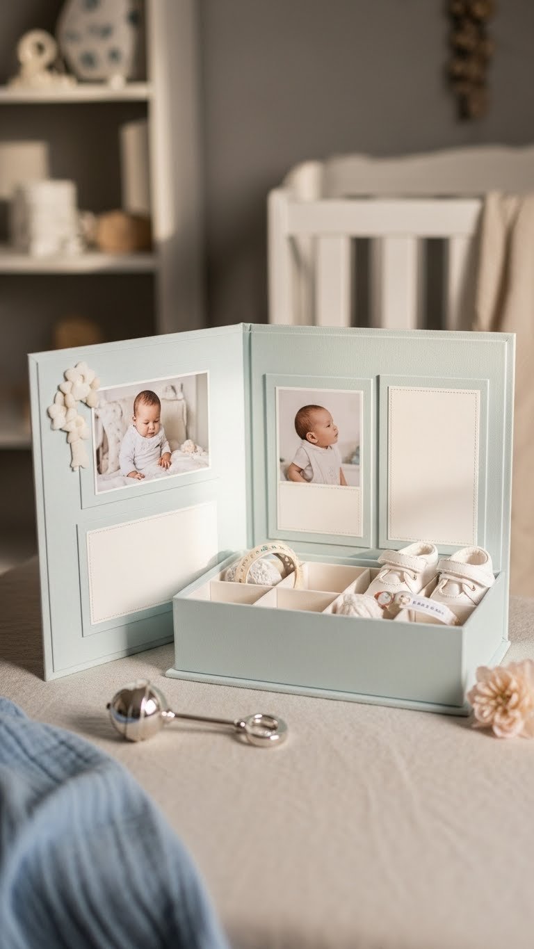 Elegant open baby memory book showcasing blank pages for photos and milestone keepsakes with sentimental items