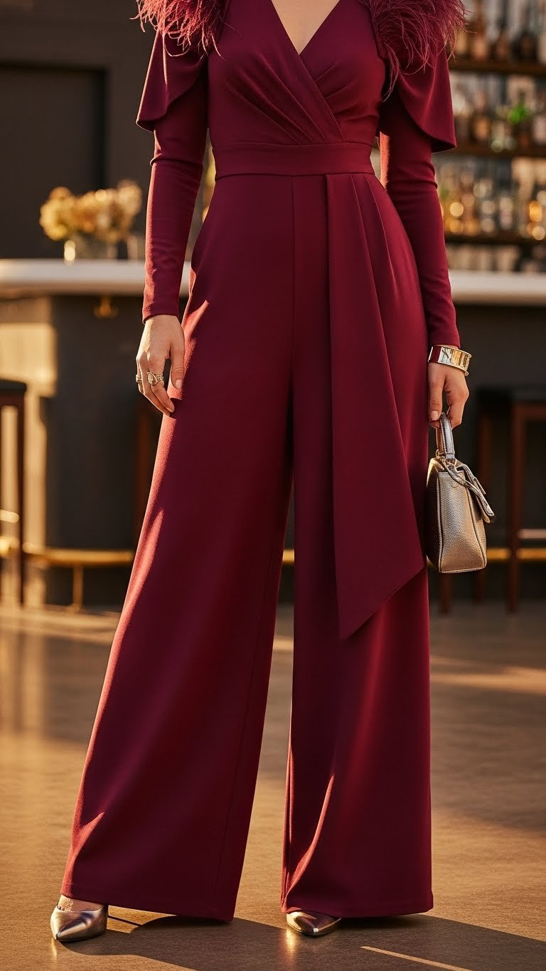 Elegant party look: model in deep cranberry wide-leg jumpsuit, feather shrug, metallic heels on polished concrete. Upscale gala setting.