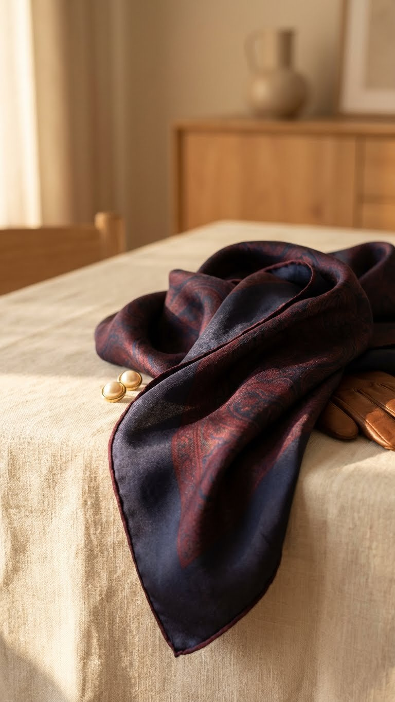 Elegant patterned silk scarf, showcasing lustrous sheen and delicate texture, artfully draped for sophisticated accessory fashion.