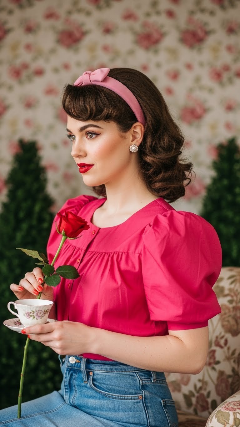 Elegant person in 80s Puffy Sleeve Princess Valentine's outfit with romantic pink dress, voluminous hair, and pearl earrings in garden setting