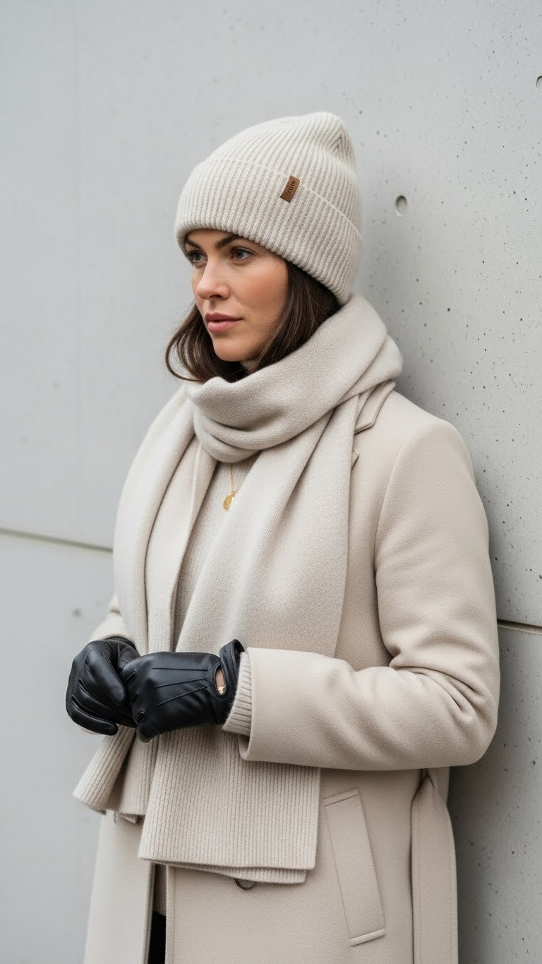 Elegant person in a cream cashmere beanie, monochromatic outfit, leather glove, subtle gold jewelry, soft light.
