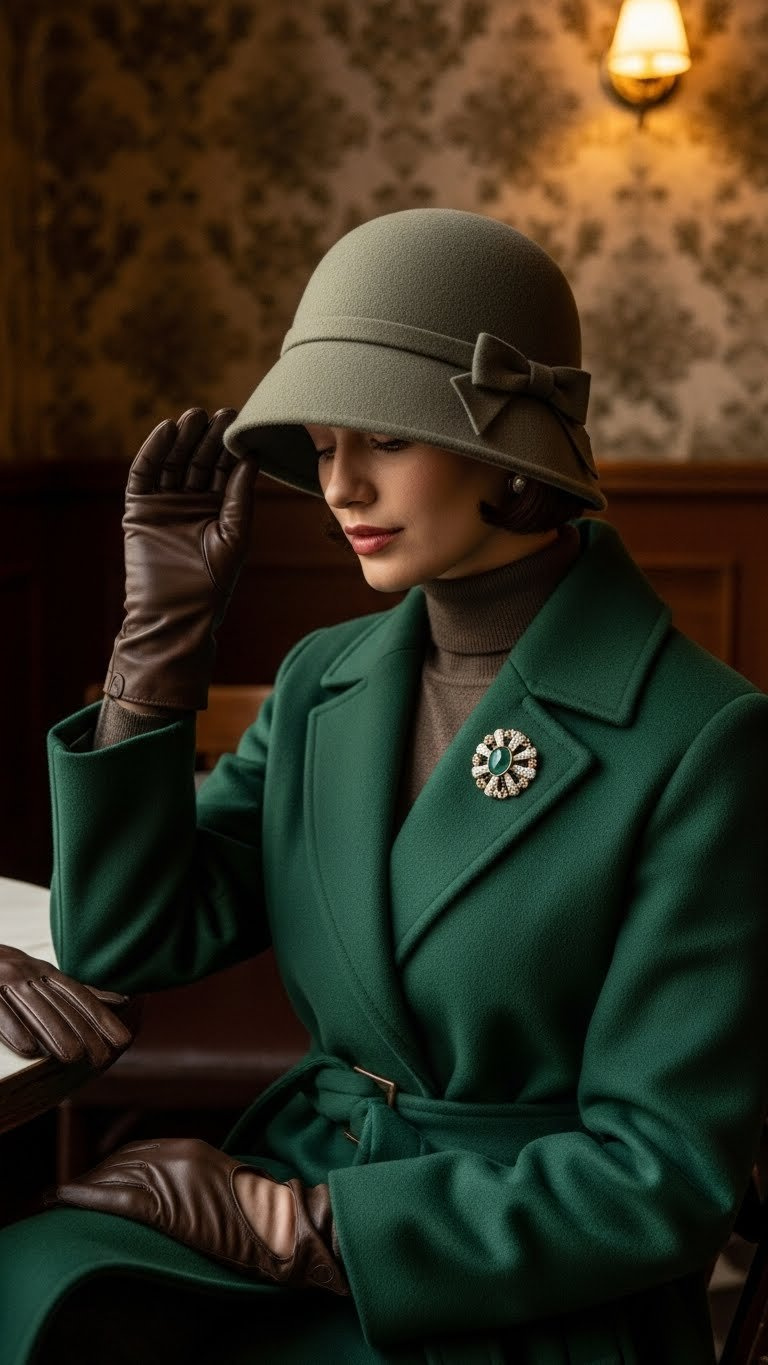 Elegant person in a vintage wool cloche hat, belted midi coat, and leather gloves in a dim cafe interior.