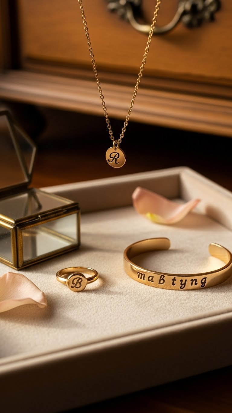 Elegant personalized jewelry including gold initial necklace, engraved birthstone ring, and cuff bracelet on velvet tray