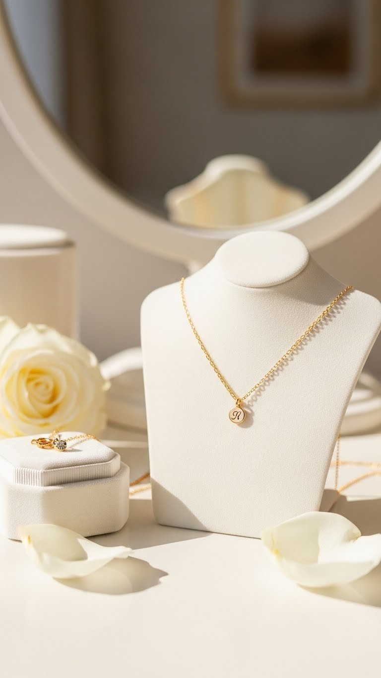 Elegant personalized necklace with engraved initial pendant displayed on white velvet with soft natural lighting