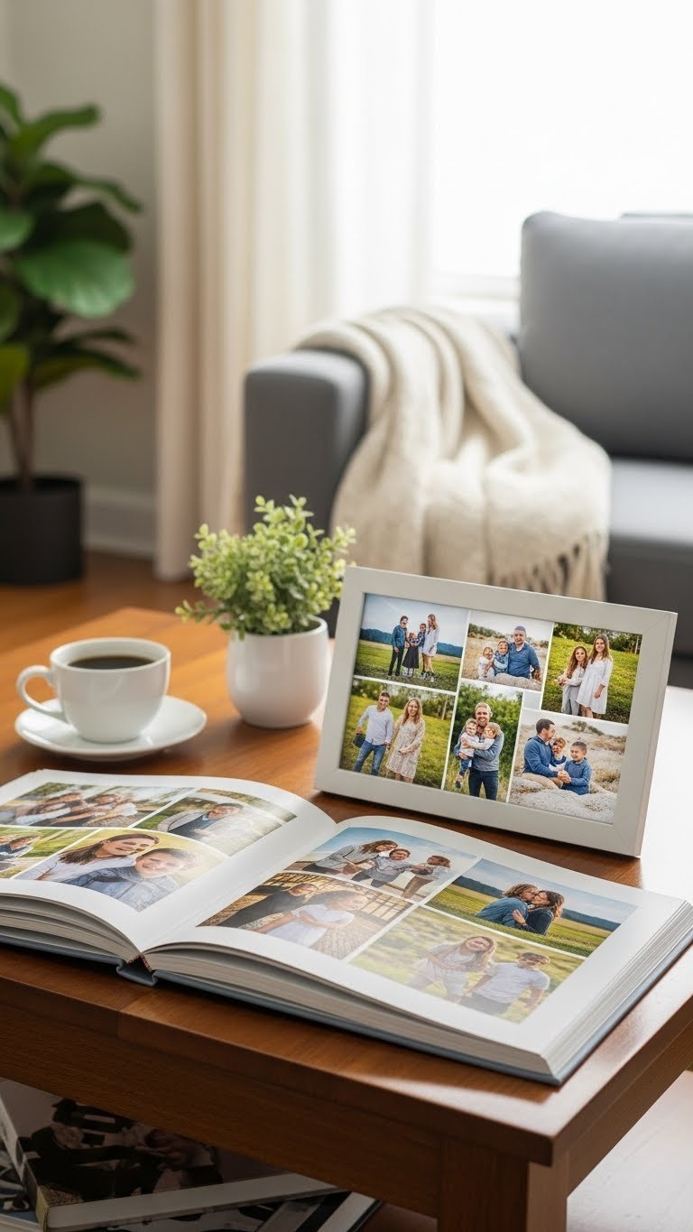 Elegant photo album displaying family pictures on polished coffee table with cozy living room background