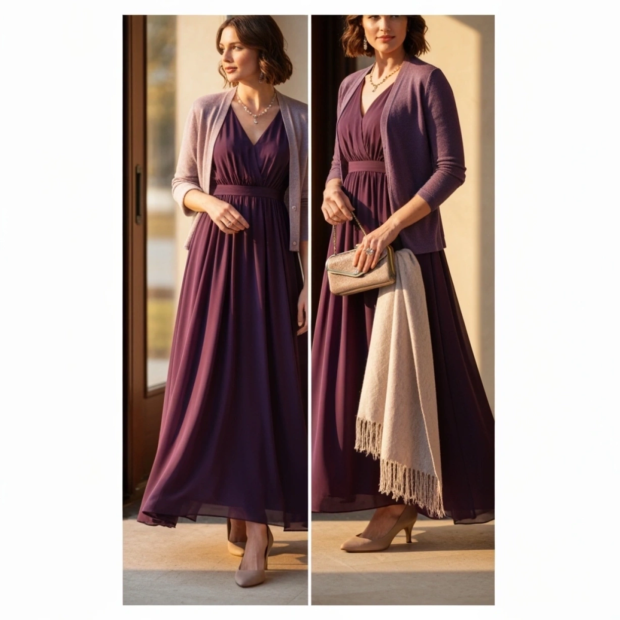 Elegant plum maxi dress, structured cardigan, delicate shawl, and vintage clutch for a sophisticated winter church outfit.
