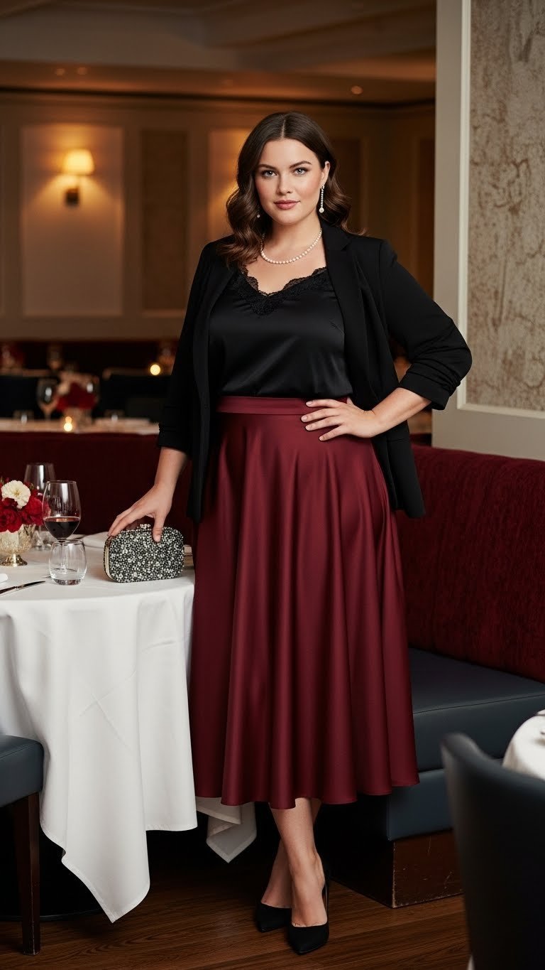 Elegant plus-size woman in black top and burgundy A-line skirt posing in sophisticated restaurant interior.