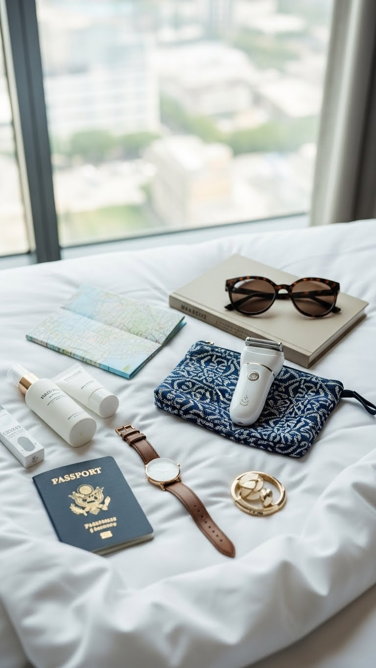 Elegant rechargeable portable shaver for women in travel pouch among passport and sunglasses on hotel bedspread
