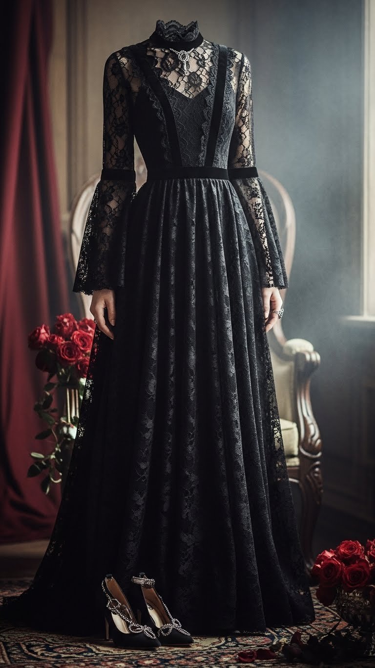 Elegant romantic goth woman wearing flowing black lace gown with velvet details in dimly lit gothic-inspired interior with soft natural lighting