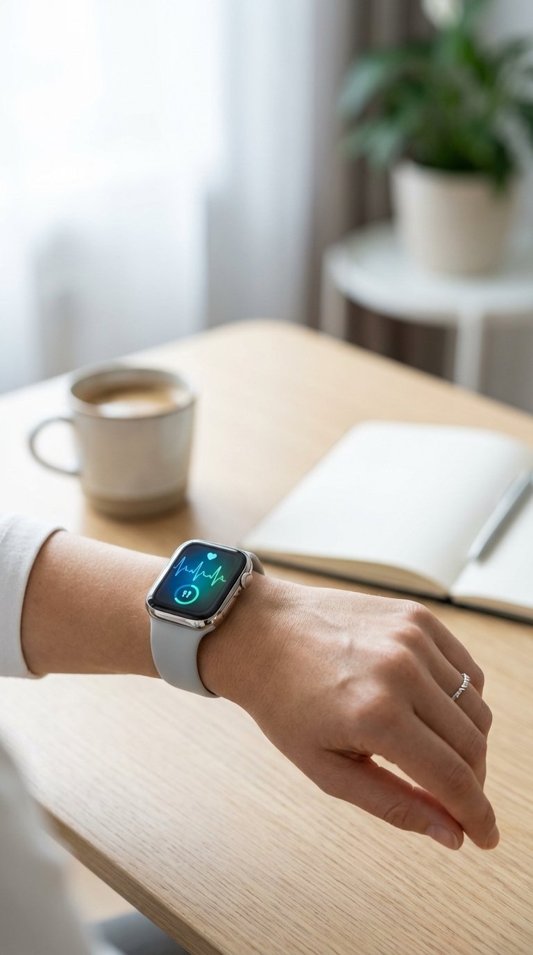 Elegant smartwatch on woman's wrist showing health metrics against light wooden desk background.