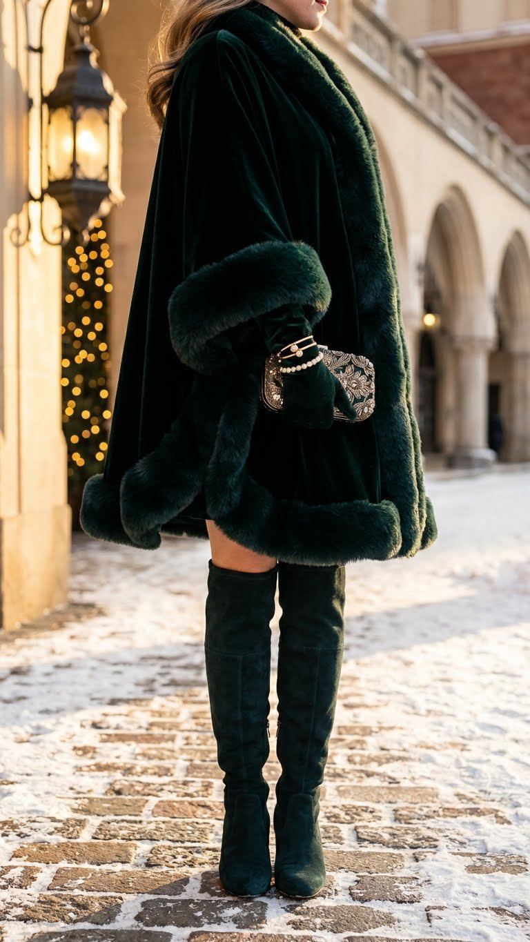 Elegant snowy evening outfit: velvet midi dress, faux fur cape, knee-high boots, metallic accessories, clutch on cobblestone.