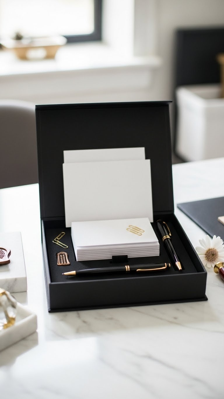 Elegant stationery set with premium notecards and smooth-writing pen on marble surface
