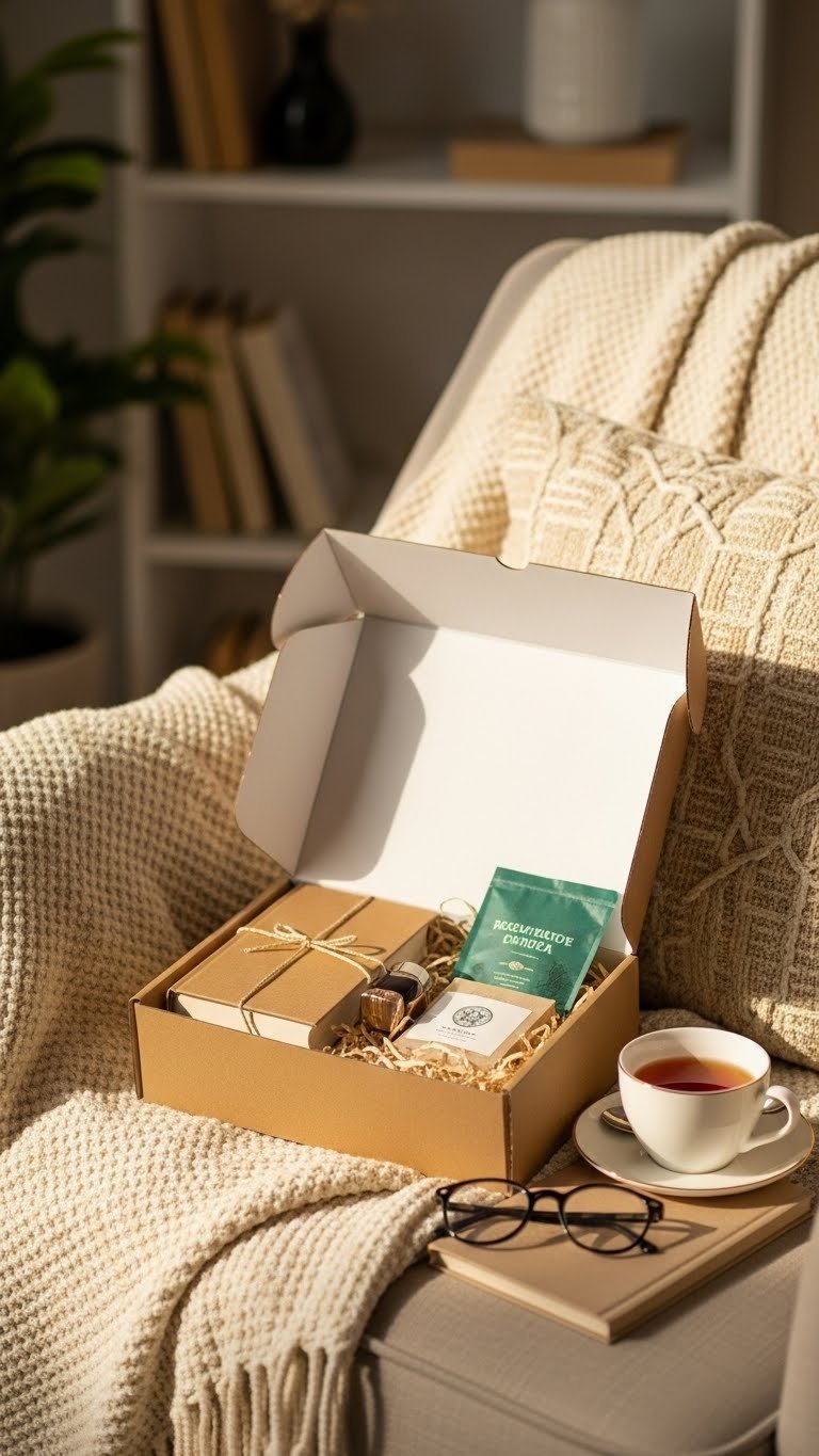 Elegant subscription box open revealing book and tea on cozy reading nook armchair
