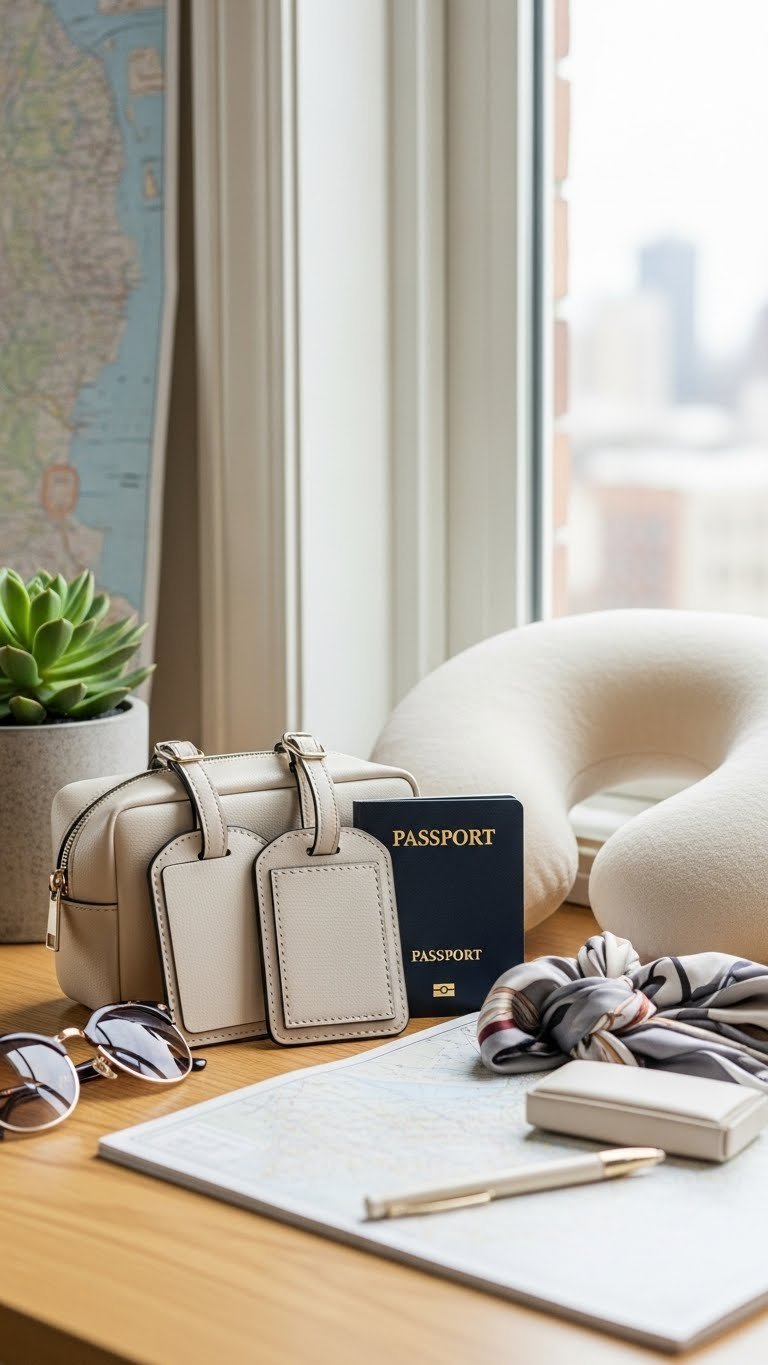 Elegant travel accessories set including passport holder and neck pillow arranged on light oak table