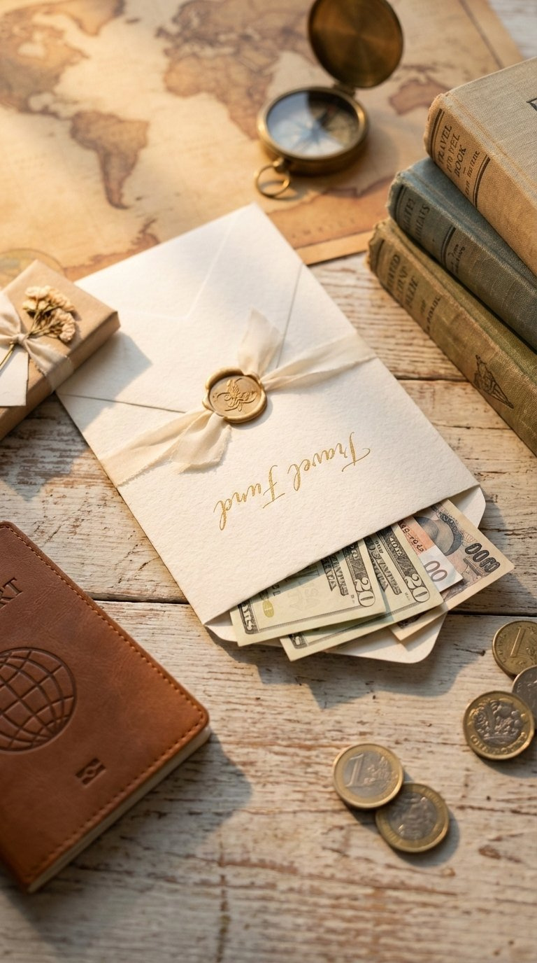 Elegant travel fund envelope with gold script on rustic wooden desk surrounded by vintage compass and foreign coins.